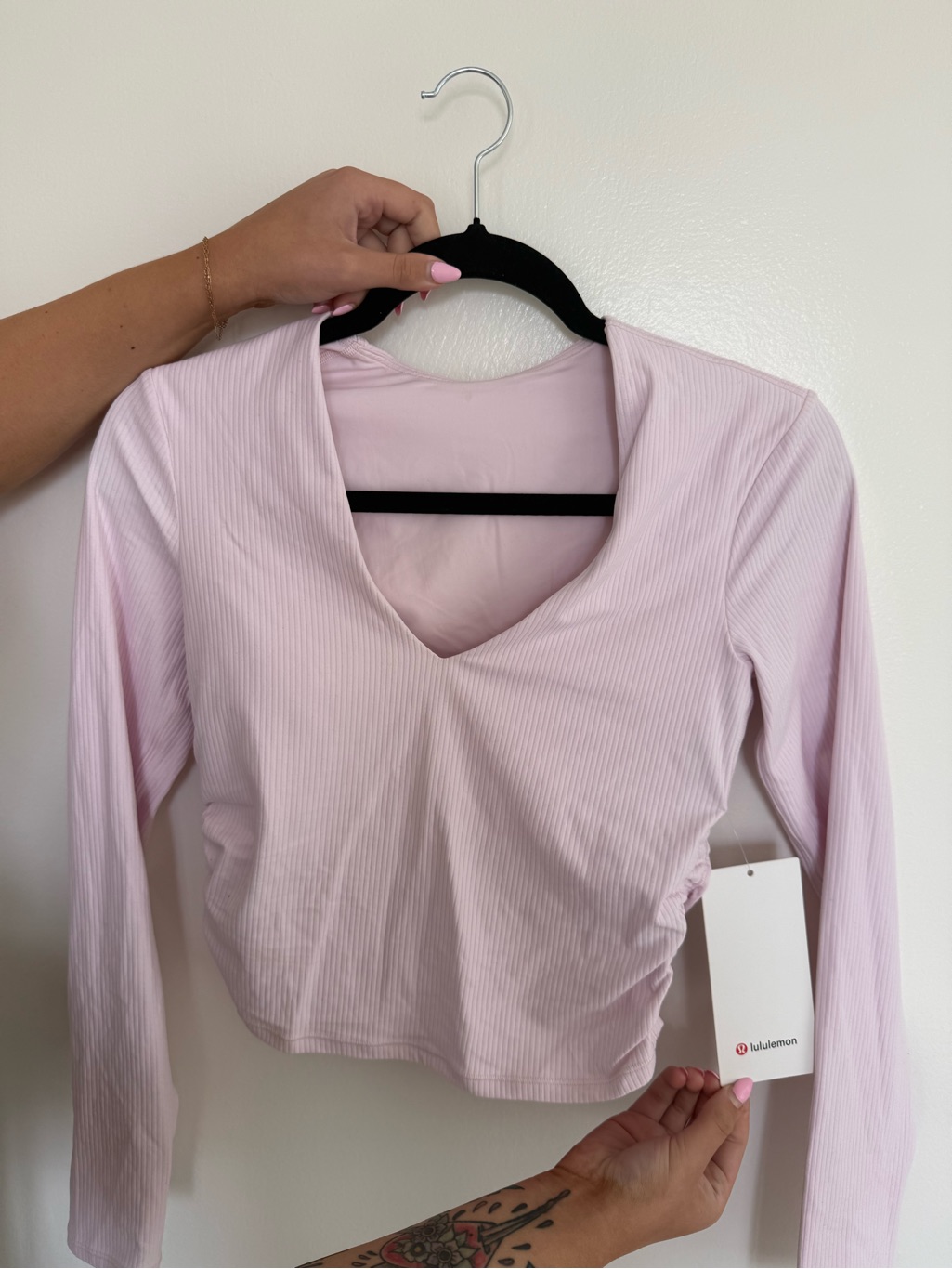 Lululemon Athletica Light Pink Ribbed Long-Sleeve V-Neck Top